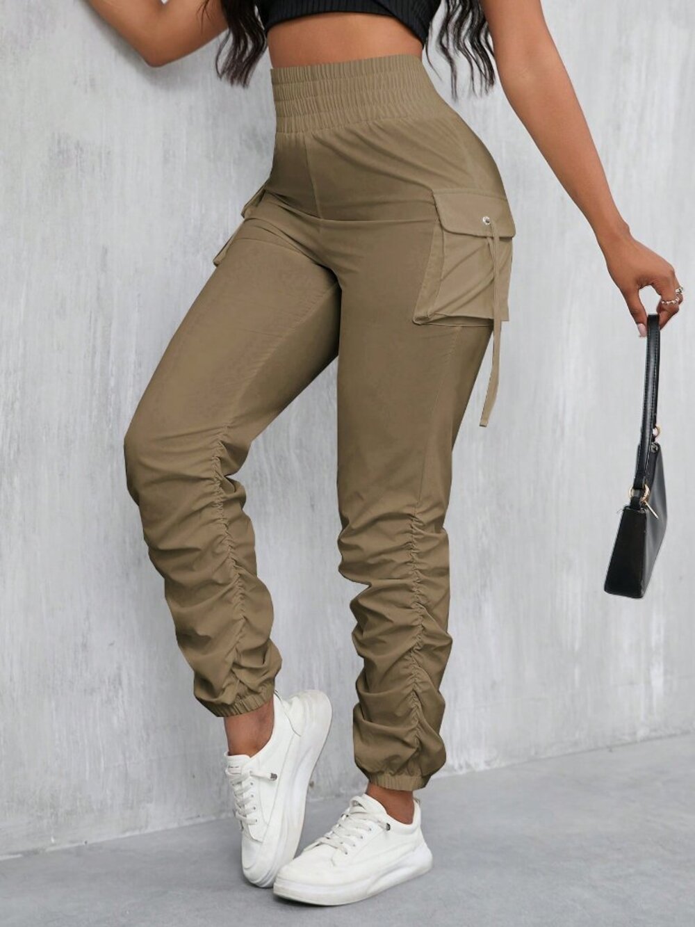 Khaki Casual Women's High Waist 3d Pocket Harem Pants